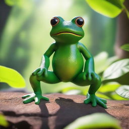 A humanoid-frog figure looms in the vibrant wilderness under the midday sun, blending with the verdant foliage and rich, earthy surroundings