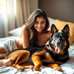 A beautiful 21-year-old Indian slim girl with fair skin, long hair, and a delightful smile lying on a bed with her pet German Shepherd dog