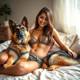 A beautiful 21-year-old Indian slim girl with fair skin, long hair, and a delightful smile lying on a bed with her pet German Shepherd dog