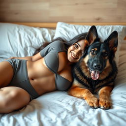 A beautiful 21-year-old Indian slim girl with fair skin, long hair, and a delightful smile lying on a bed with her pet German Shepherd dog