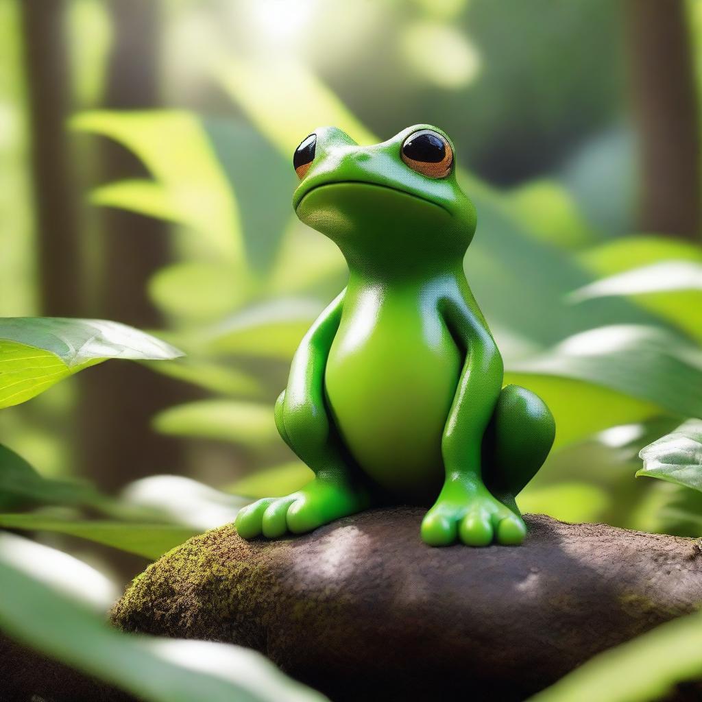 A humanoid-frog figure looms in the vibrant wilderness under the midday sun, blending with the verdant foliage and rich, earthy surroundings