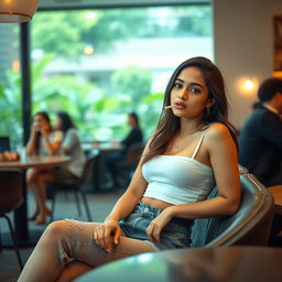 A beautiful 21-year-old Indian slim girl sitting in a stylish cafe, wearing a trendy crop top and short jeans