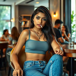 A beautiful 21-year-old Indian slim girl sitting in a stylish cafe, wearing a trendy crop top and short jeans