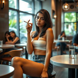 A beautiful 21-year-old Indian slim girl sitting in a stylish cafe, wearing a trendy crop top and short jeans
