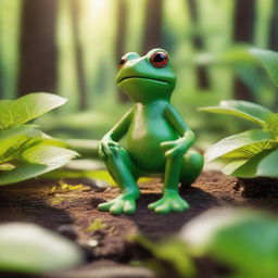 A humanoid-frog figure looms in the vibrant wilderness under the midday sun, blending with the verdant foliage and rich, earthy surroundings