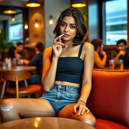A beautiful 21-year-old Indian slim girl sitting comfortably in a trendy cafe, wearing a stylish crop top and short jeans