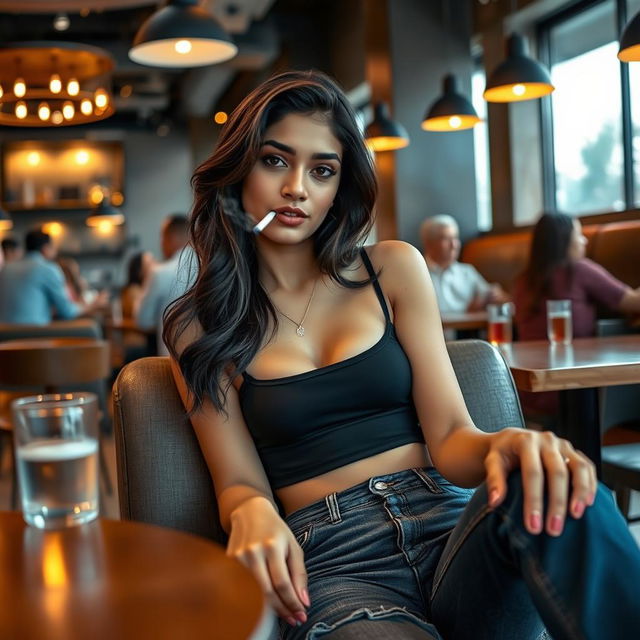 A beautiful 21-year-old Indian slim girl sitting comfortably in a trendy cafe, wearing a stylish crop top and short jeans