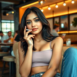 A beautiful 21-year-old Indian slim girl sitting comfortably in a trendy cafe, wearing a stylish crop top and short jeans