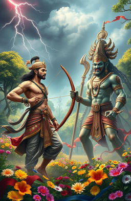 An epic battle scene depicting the ancient duel between Raavan and Ram, set in a mystical forest filled with lush greenery and vibrant colorful flowers
