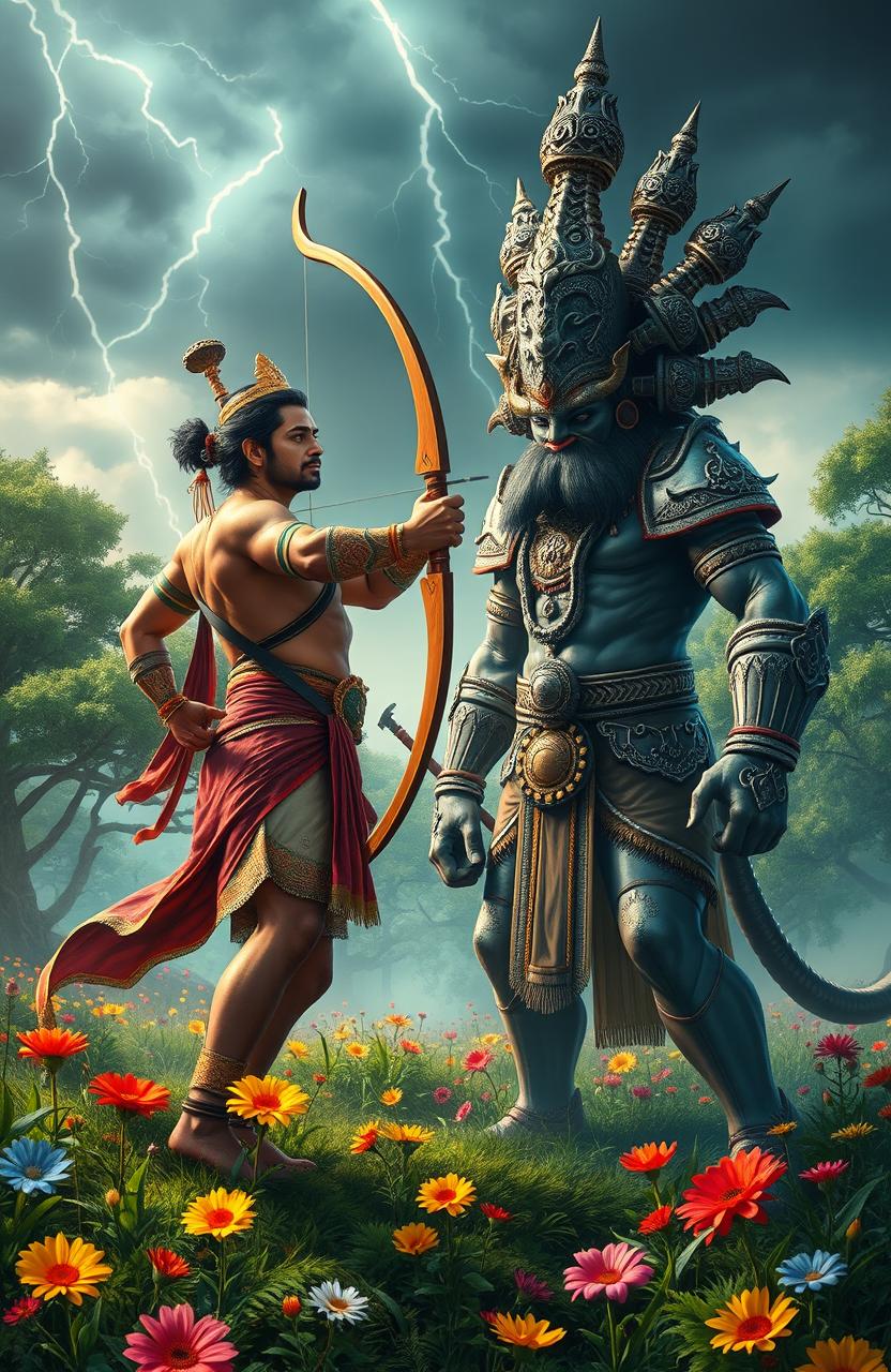 An epic battle scene depicting the ancient duel between Raavan and Ram, set in a mystical forest filled with lush greenery and vibrant colorful flowers