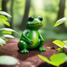 A humanoid-frog figure looms in the vibrant wilderness under the midday sun, blending with the verdant foliage and rich, earthy surroundings