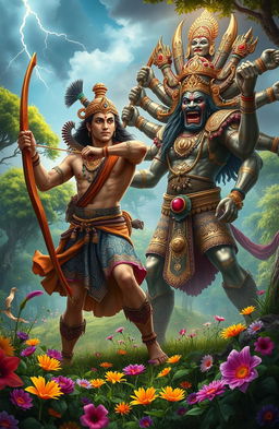 An epic battle scene depicting the ancient duel between Raavan and Ram, set in a mystical forest filled with lush greenery and vibrant colorful flowers