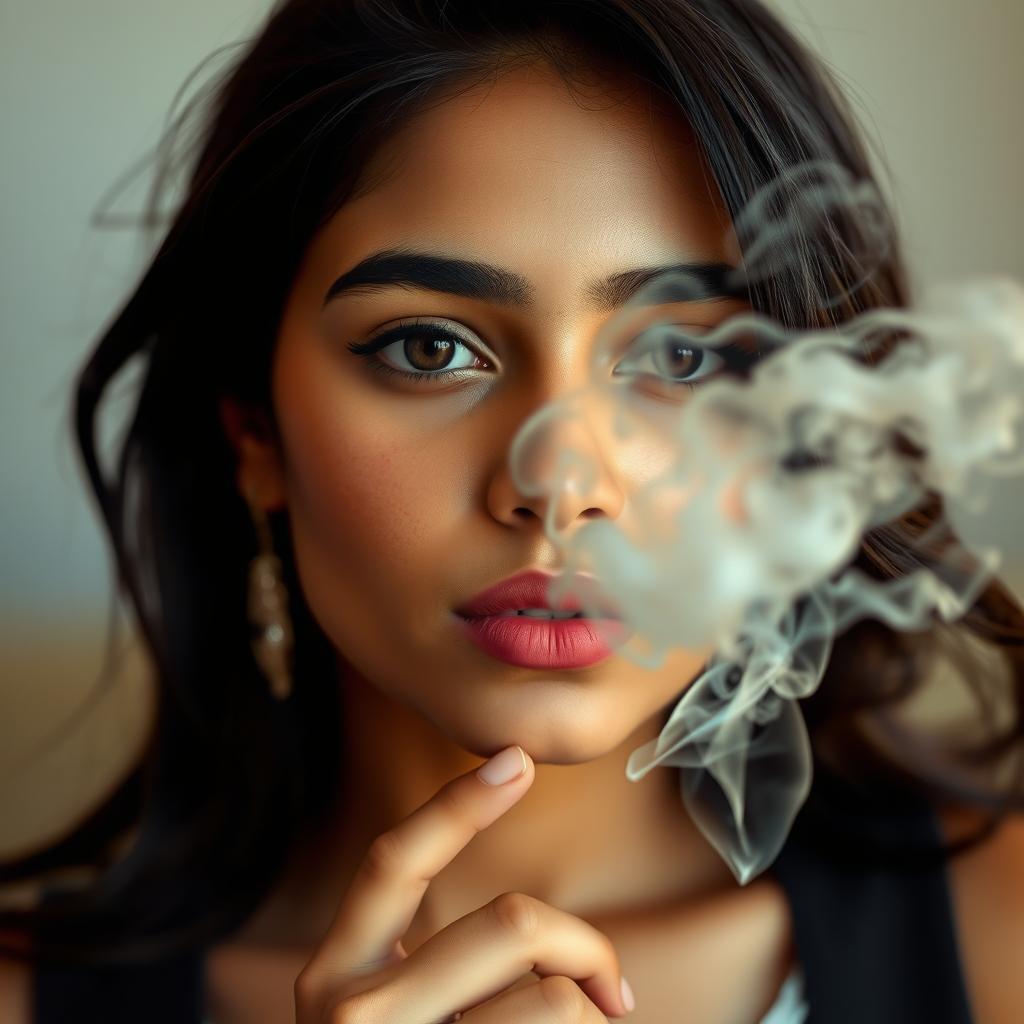 A beautiful 21-year-old Indian slim girl, realistically portrayed, exhaling cigarette smoke from her mouth in a calm and confident manner