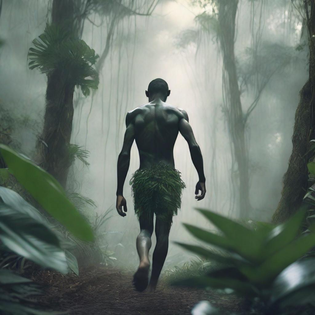 A shape-shifting human walking through a dense jungle during the daytime, their features subtly morphing to blend with the surrounding wildlife