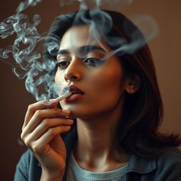 A beautiful 21-year-old Indian slim girl, realistically portrayed, exhaling cigarette smoke from her mouth in a calm and confident manner