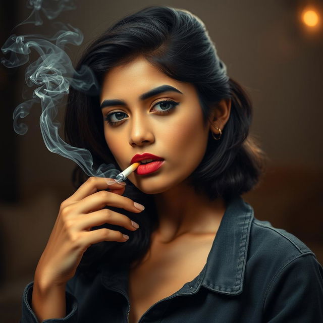 A beautiful 21-year-old Indian slim girl, realistically portrayed, exhaling cigarette smoke from her mouth in a calm and confident manner