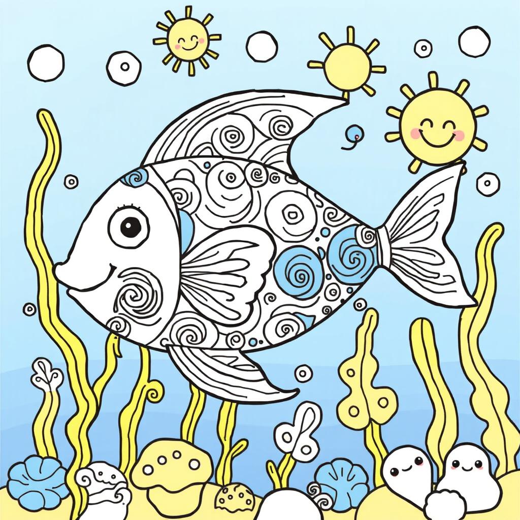 A whimsical coloring book illustration of a fish, featuring intricate patterns and designs that invite imaginative coloring