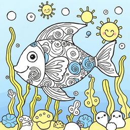 A whimsical coloring book illustration of a fish, featuring intricate patterns and designs that invite imaginative coloring