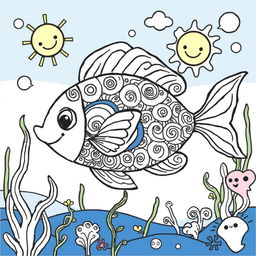 A whimsical coloring book illustration of a fish, featuring intricate patterns and designs that invite imaginative coloring