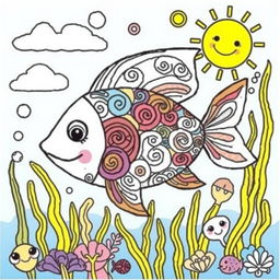A whimsical coloring book illustration of a fish, featuring intricate patterns and designs that invite imaginative coloring