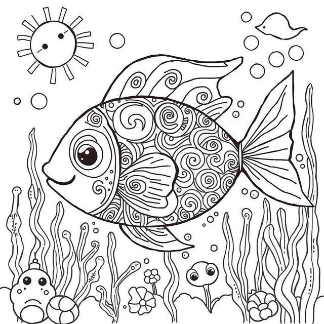 A whimsical coloring book illustration of a fish, featuring intricate patterns and designs that invite imaginative coloring