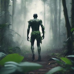 A shape-shifting human walking through a dense jungle during the daytime, their features subtly morphing to blend with the surrounding wildlife