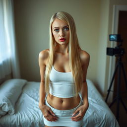 A 22-year-old Russian woman with long straight blonde hair, 5'6" tall, weighing 90 pounds, wearing a white halter tank top and a white micro skirt