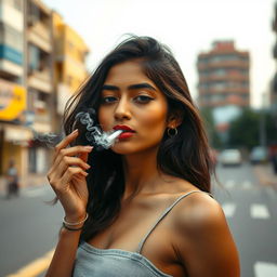 A beautiful 21-year-old Indian slim girl captured from a long distance in a realistic and striking composition