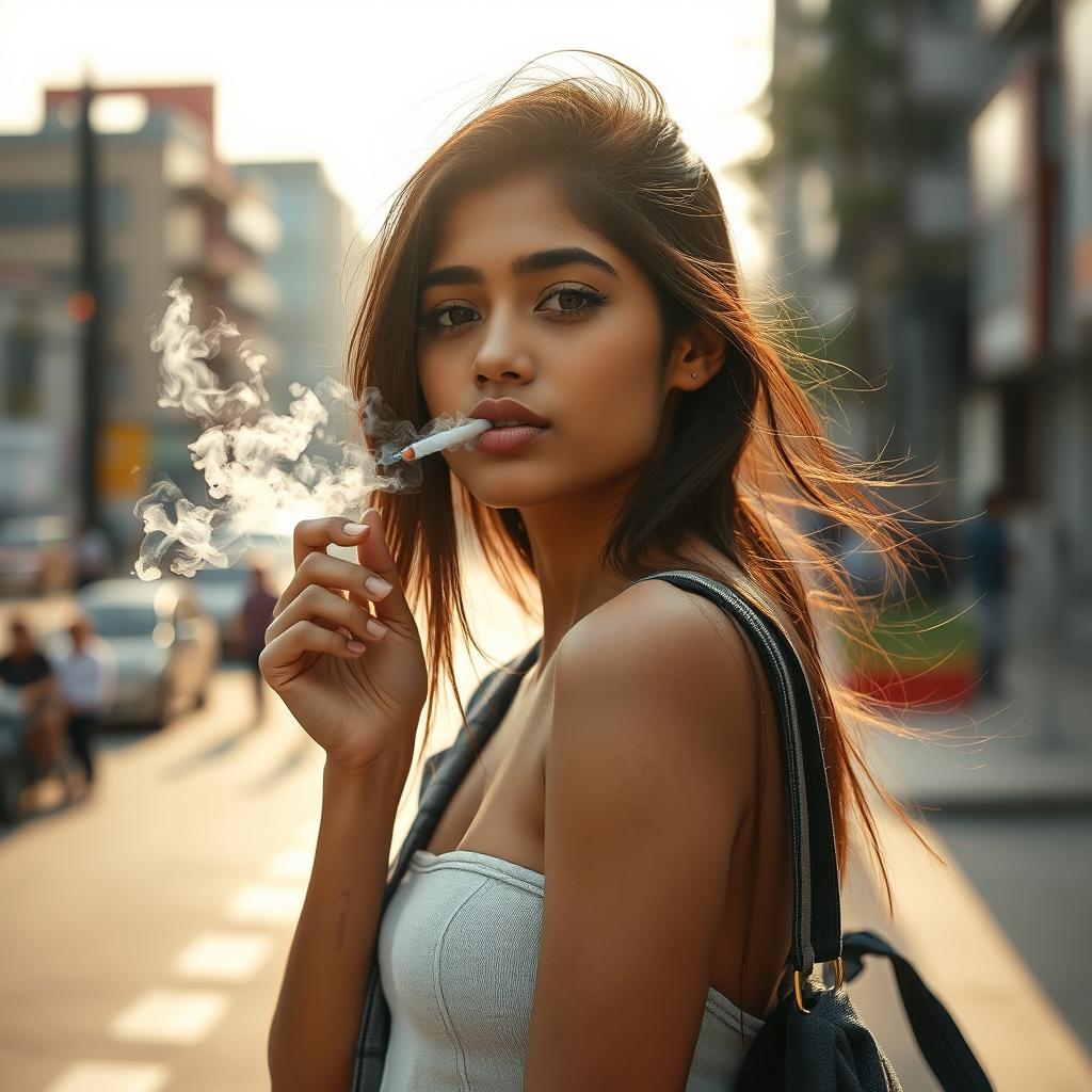 A beautiful 21-year-old Indian slim girl captured from a long distance in a realistic and striking composition