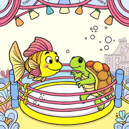 A whimsical coloring book illustration depicting a fish and a turtle engaged in a playful battle inside a cartoonish wrestling ring