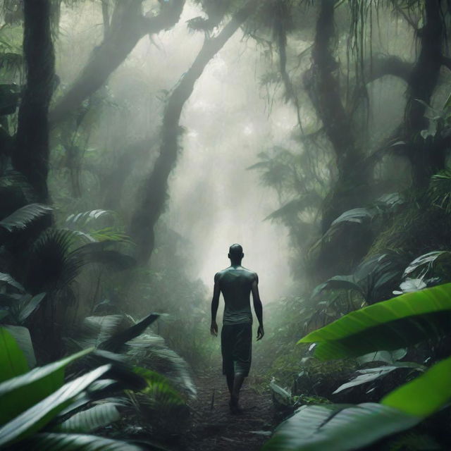 A shape-shifting human walking through a dense jungle during the daytime, their features subtly morphing to blend with the surrounding wildlife