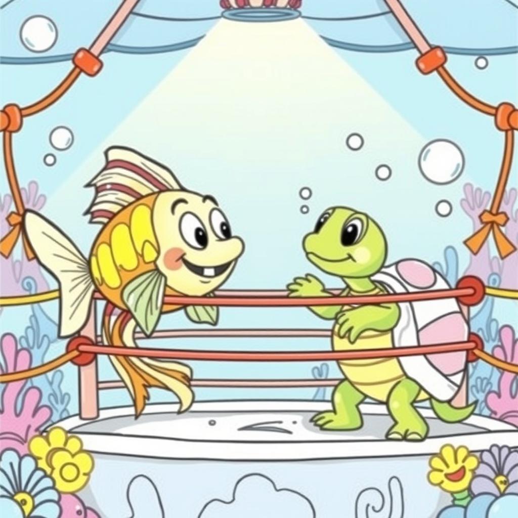 A whimsical coloring book illustration depicting a fish and a turtle engaged in a playful battle inside a cartoonish wrestling ring