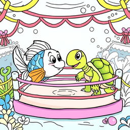 A whimsical coloring book illustration depicting a fish and a turtle engaged in a playful battle inside a cartoonish wrestling ring