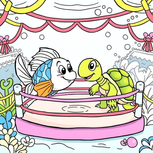 A whimsical coloring book illustration depicting a fish and a turtle engaged in a playful battle inside a cartoonish wrestling ring