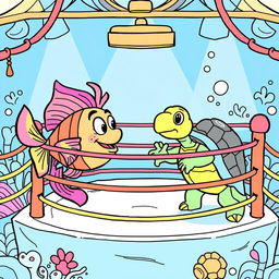 A whimsical coloring book illustration depicting a fish and a turtle engaged in a playful battle inside a cartoonish wrestling ring