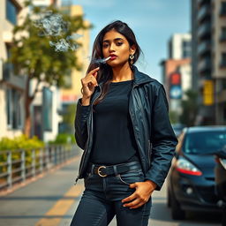 A beautiful 21-year-old Indian slim girl captured from a long distance in a realistic and striking full-length image