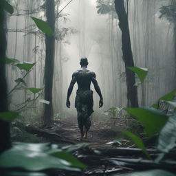 A shape-shifting human walking through a dense jungle during the daytime, their features subtly morphing to blend with the surrounding wildlife