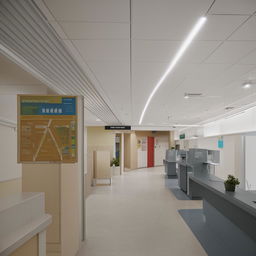 Design a receptionist building connected with a system for public services information, including hallways leading to classroom areas