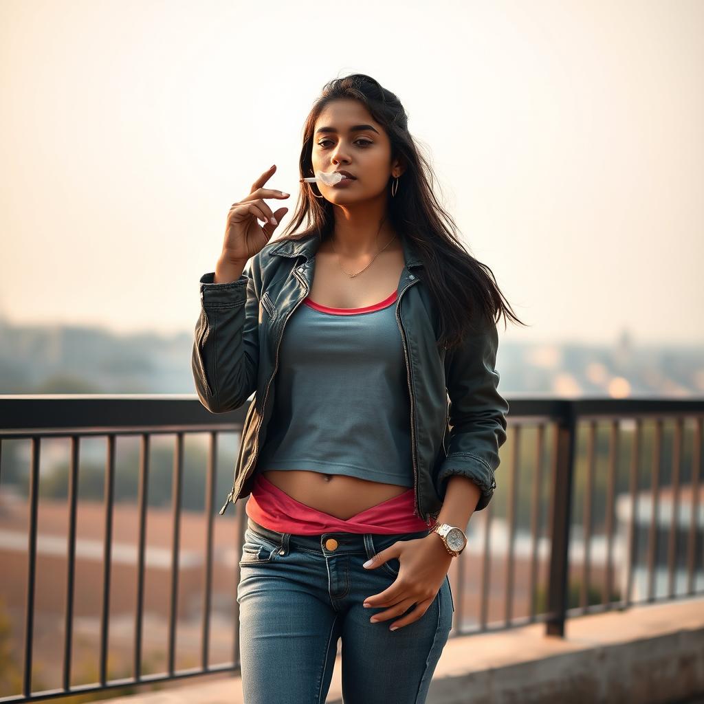 A beautiful 21-year-old Indian slim girl captured in a realistic, full-length image from a long distance