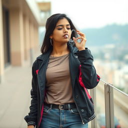 A beautiful 21-year-old Indian slim girl captured in a realistic, full-length image from a long distance