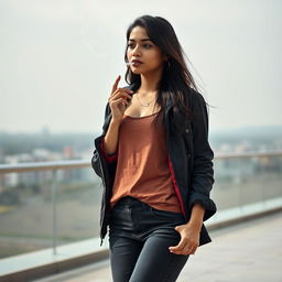 A beautiful 21-year-old Indian slim girl captured in a realistic, full-length image from a long distance