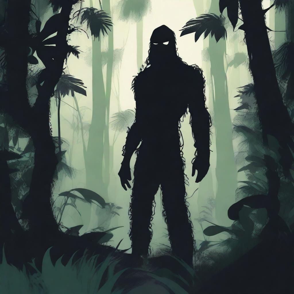 A chilling figure of mystery stands ominously in the depths of a wild jungle, its daunting silhouette blending in with the shadowy foliage