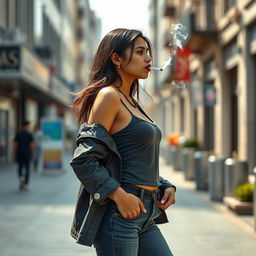 A beautiful 21-year-old Indian slim girl with fair skin, portrayed in a realistic and captivating full-length image from the side at a long distance