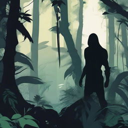 A chilling figure of mystery stands ominously in the depths of a wild jungle, its daunting silhouette blending in with the shadowy foliage