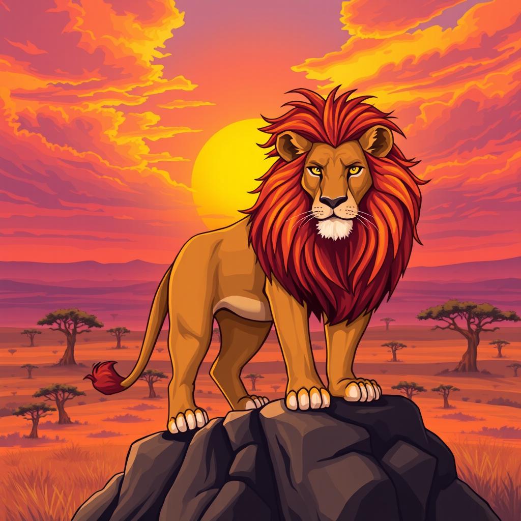 An illustration of a majestic lion, symbolizing strength and courage, with a vibrant mane flowing in the wind