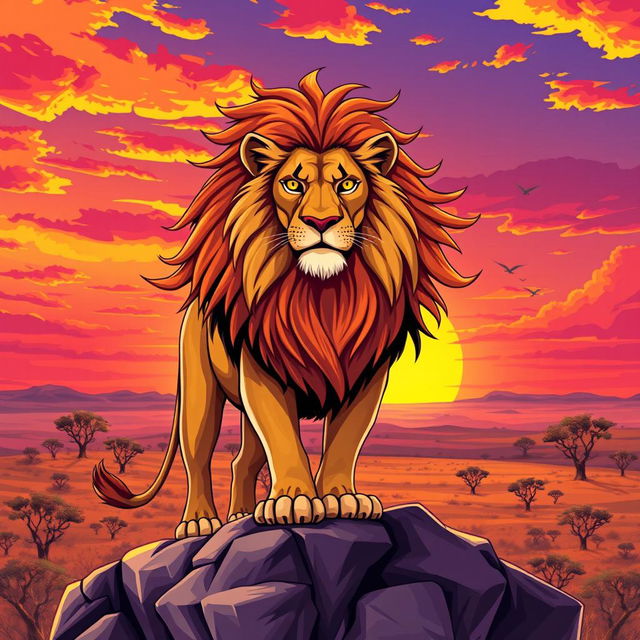 An illustration of a majestic lion, symbolizing strength and courage, with a vibrant mane flowing in the wind