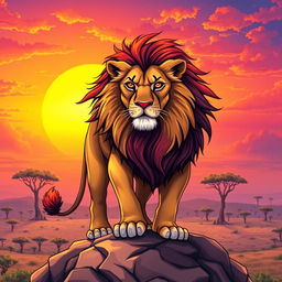 An illustration of a majestic lion, symbolizing strength and courage, with a vibrant mane flowing in the wind