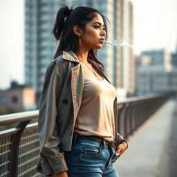 A stunning 21-year-old Indian slim girl with fair skin, depicted in a realistic full-length image from the side at a long distance