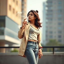 A stunning 21-year-old Indian slim girl with fair skin, depicted in a realistic full-length image from the side at a long distance