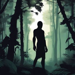 A chilling figure of mystery stands ominously in the depths of a wild jungle, its daunting silhouette blending in with the shadowy foliage